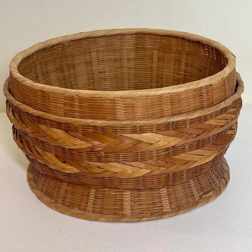 Vintage Woven Bamboo Rattan Round Storage Baskets Planters 2 Brown Boho Natural
